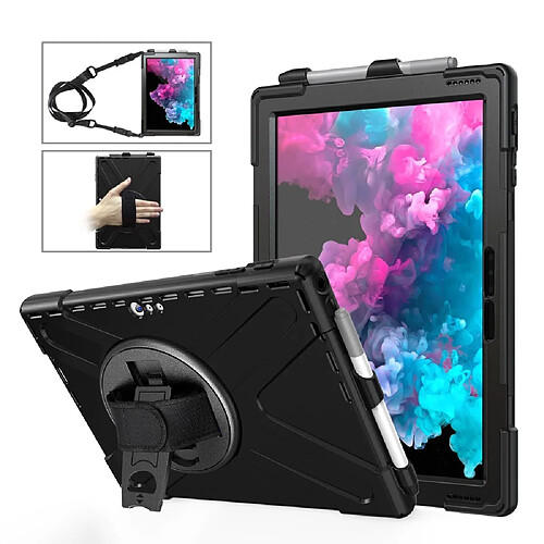 Coque en TPU étui combo en forme de X, béquille/béquille et sangle pivotantes à 360 degrés et sangle de maintien noir pour votre Microsoft Surface Pro 6 5 4