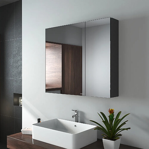 EMKE Armoire à miroir avec miroir poignée invisible Armoire miroir de salle de bain avec étagères en verre réglables en hauteur 75×65cm Noire