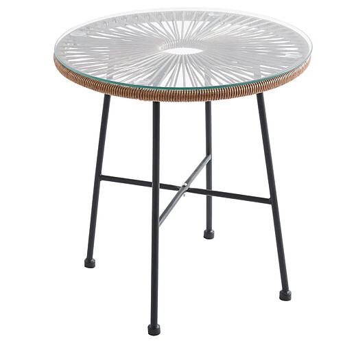 Pegane Table ronde en Polyéthylène marron et verre trempé , pieds en métal noir - diamètre 50 x hauteur 52,50 cm