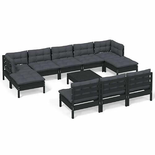 Maison Chic Salon de jardin 11pcs + coussins - Mobilier/Meubles de jardin - Table et chaises d'extérieur Noir Bois de pin -MN38006