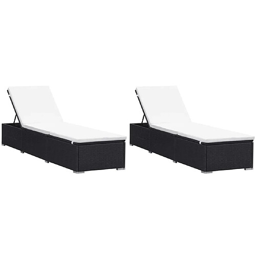 Helloshop26 Lot de 2 transats chaise longue bain de soleil lit de jardin terrasse meuble d'extérieur avec coussins résine tressée noir 02_0012157