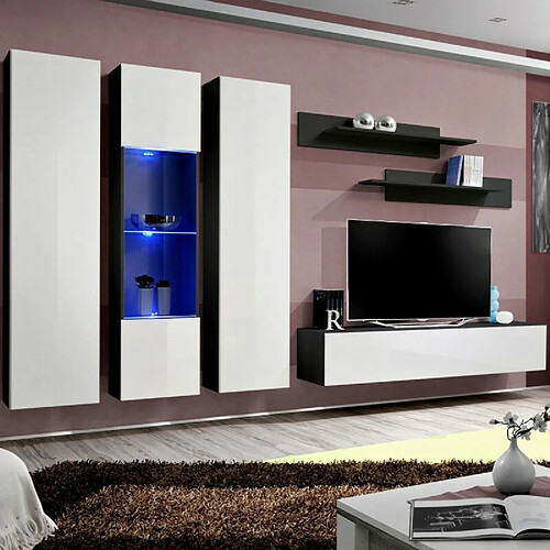 Paris Prix Meuble TV Mural Design Fly V 310cm Blanc & Noir