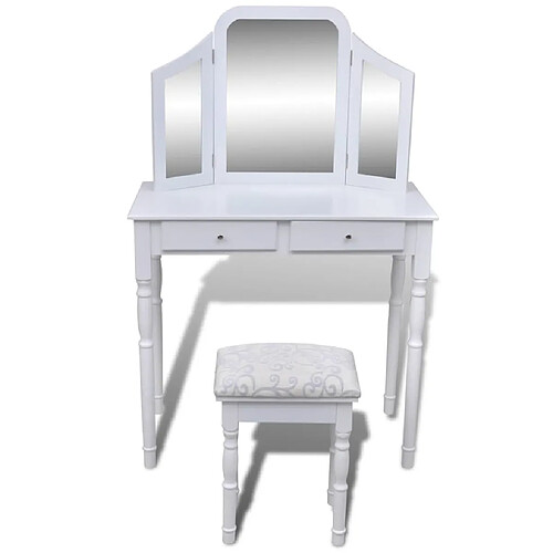 Helloshop26 Coiffeuse design contemporaine table de maquillage design meuble mobilier de chambre avec miroir et tabouret 80 x 40,5 x 74,5 cm 2 tiroirs blanc 02_0021276