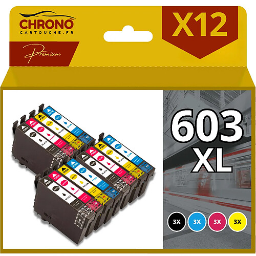 Chrono Cartouche CHRONOCARTOUCHE - 603XL - 12 Cartouches d'encre Compatibles avec Epson 603 XL Etoile de Mer - pour Cartouche XP 2100 XP 2105 WF 2810 2830 (3 Noirs 3 Cyan 3 Magenta 3 Jaunes)