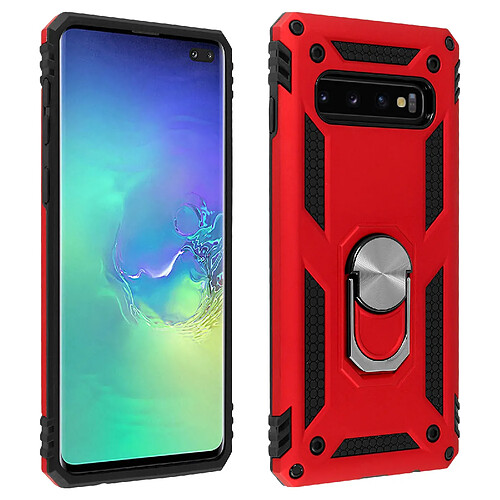 Avizar Coque Galaxy S10 Plus Bi matière Rigide et Souple Bague Support Vidéo rouge