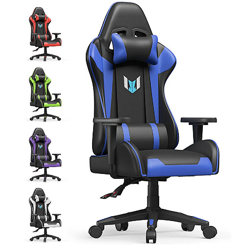 Chaise Gaming - Chaise de jeu Rattantree, chaise de bureau, chaise d'ordinateur, chaise pivotante robuste pour PC, conception ergonomique avec coussin et dossier inclinable, bleu