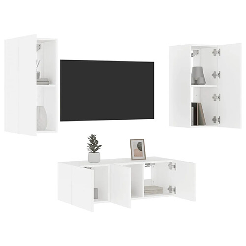 vidaXL Unités murales TV avec LED 4 pcs blanc bois d'ingénierie