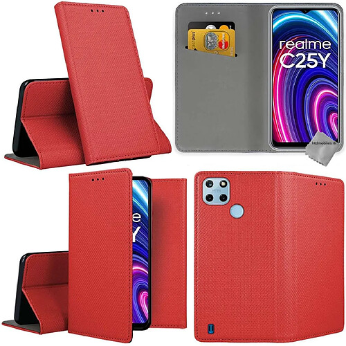 Htdmobiles Housse etui portefeuille avec coque intérieure en silicone pour Realme C21-Y / C25Y + verre trempe - ROUGE MAGNET