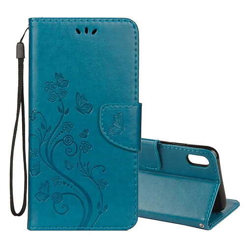 Wewoo Housse Étui à rabat horizontal avec motif papillon en relief fente pour cartes & porte-monnaie & lanière iPhone XR bleu