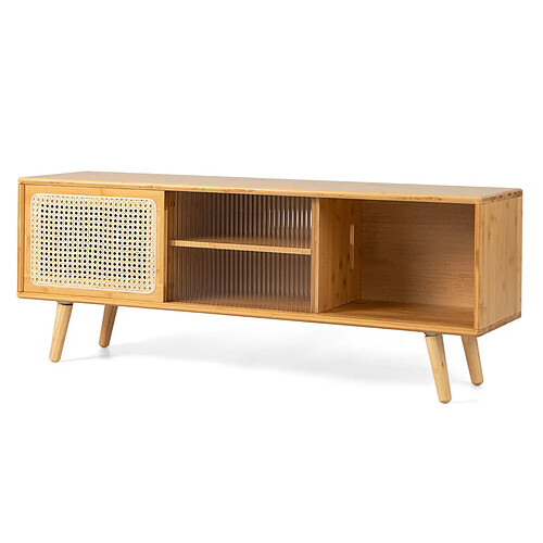 Helloshop26 Meuble TV en bambou avec 4 compartiments pour tv 55 au max banc tv à 4 pieds en bois massif 2 portes coulissantes en rotin et verre trempé 120,5 x 31 x 45,5 cm 20_0004917