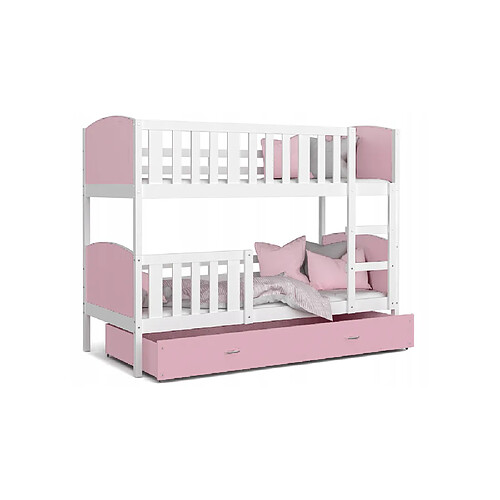 Kids Literie Lit Superposé Tami 90x190 (Sans Matelas) Blanc - rose Livré avec le sommiers et tiroir.