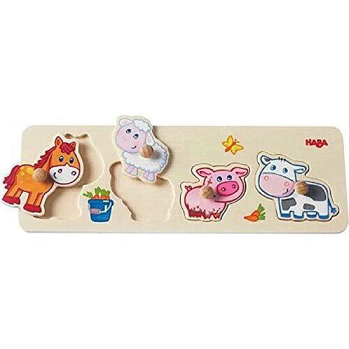 HABA Puzzle bAbA animaux de la ferme - Puzzle en bois 4 piAces A boutons gAants pour 1 an et plus