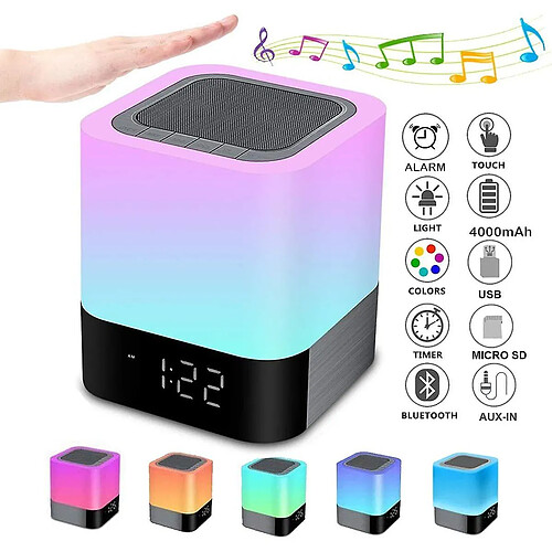 Universal Haut-parleur Bluetooth avec phare de lit léger réveil dimmable tactile lumière de nuit RGB changement de couleur LED haut-parleur Bluetooth portable émotion lampe de table légère cadeau fille enfant adolescent, (blanc)