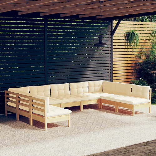 vidaXL Salon de jardin 9 pcs avec coussins crème bois de pin massif