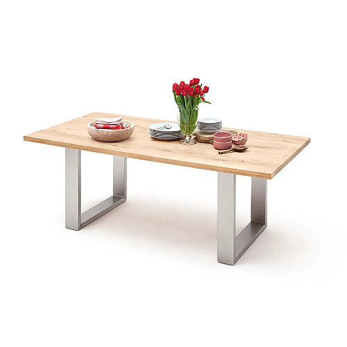 Table à manger en bois massif bord droit, 2 pieds en U - L.160 x H.77 x P.90 cm -PEGANE-