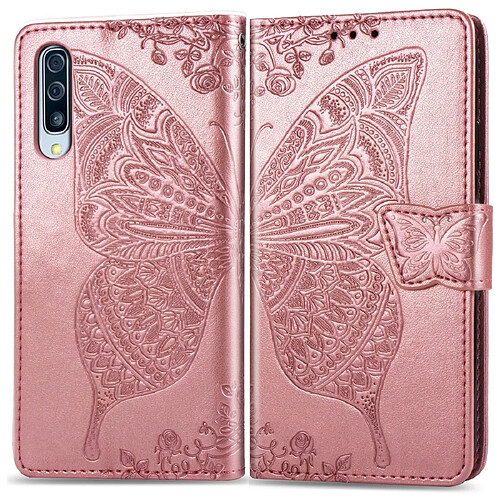 Wewoo Housse Coque Etui en cuir à rabat horizontal Butterfly Love Flowers pour Galaxy A70avec porte-cartes et porte-cartesainsi que portefeuille et lanière or rose