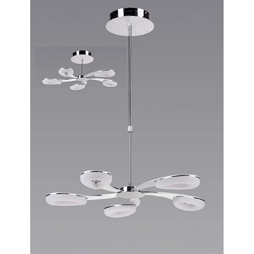 Luminaire Center Suspension Juno télescopique 5 Ampoules 30W LED 3000K, 2700lm, aluminium satiné/acrylique givré/chrome poli