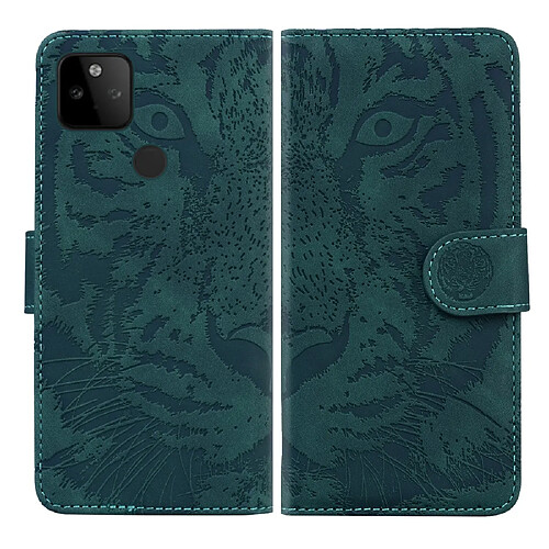 Etui en PU Impression de motif de tigre avec support vert pour votre Google Pixel 5a 5G