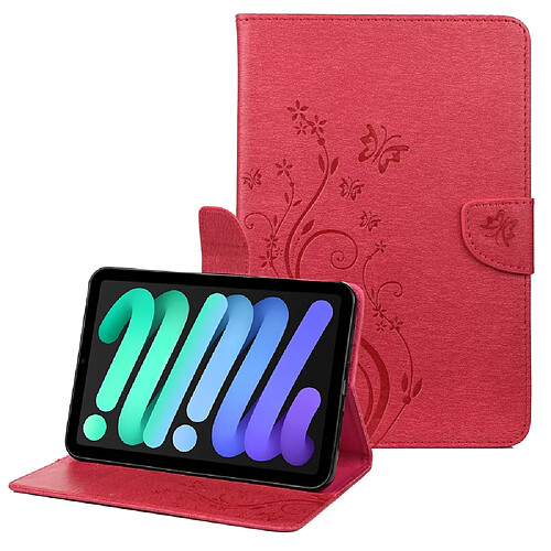 Etui en PU motif de papillons et de fleurs avec support rouge pour iPad mini (2021)