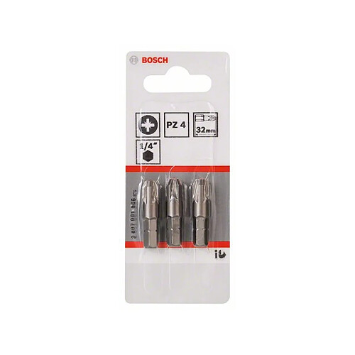 Lot de 3 embouts de vissage Extra-dure Pozidriv PZ4 à queue 6 pans mâle 1/4"" Longueur 25 mm BOSCH 2607001566