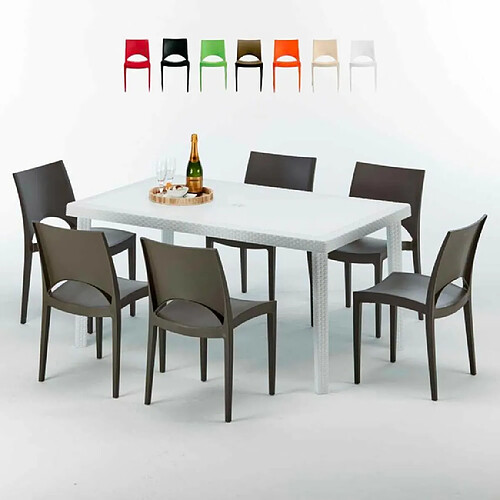 Table Rectangulaire Blanche 150x90cm Avec 6 Chaises Colorées Grand Soleil Set Extérieur Bar Café Paris Summerlife, Couleur: Marron