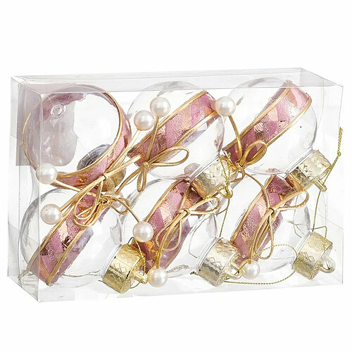 BigBuy Christmas Boules de Noël Rose Transparent Doré Plastique Tissu Lien 6 x 6 x 6 cm (6 Unités)