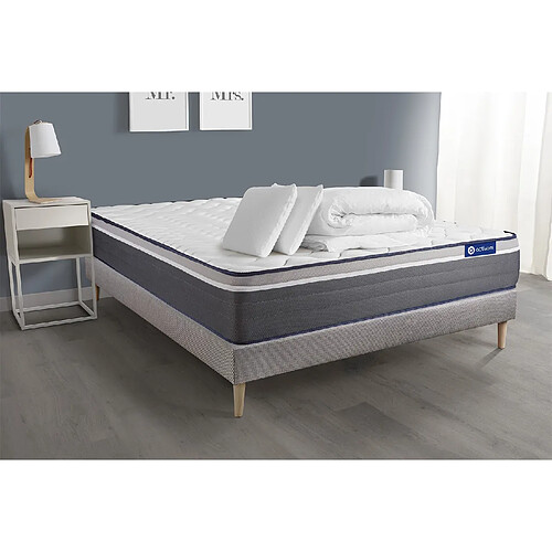 ACTISOM Pack prêt à dormir matelas ACTIFLEX PLUS 140x190 Ressorts ensachés+Mémoire de forme + sommier KIT gris + 2 oreillers+couette