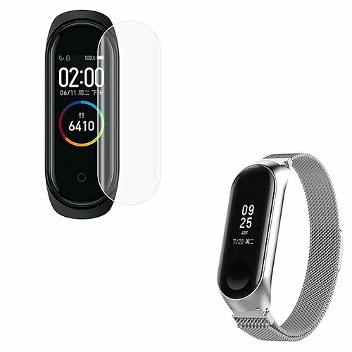 PHONECARE Kit Bracelet Milanese Loop Fermoir Magnétique + Film Protectora D'écran Gel Full Cover pour Xiaomi Mi Band 7 - Gris