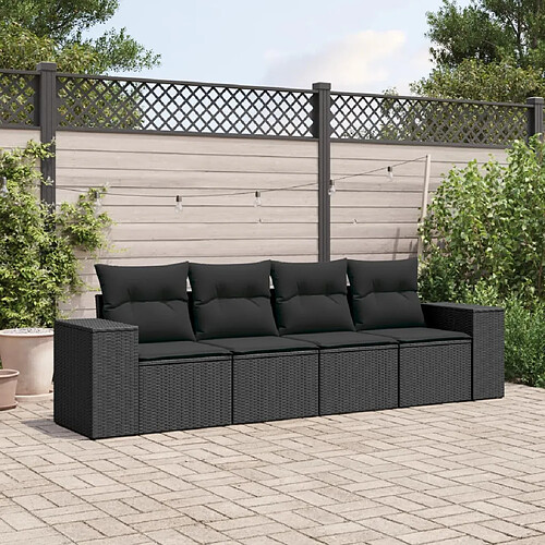 vidaXL Salon de jardin 4 pcs avec coussins noir résine tressée