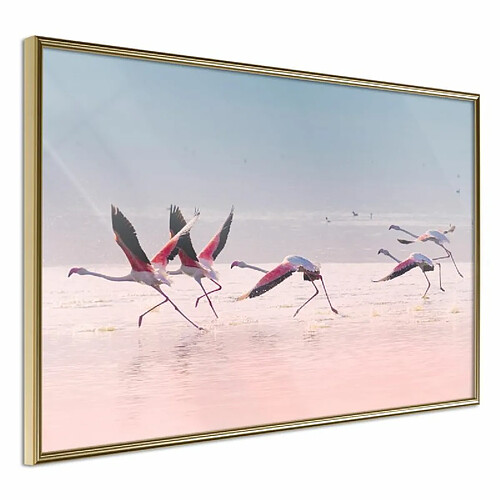 Paris Prix Affiche Murale Encadrée Flamingos Breaking into a Flight 30 x 20 cm Or