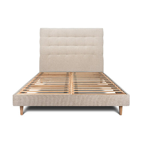 Sommeil de plomb Lit 135x190cm avec tête de lit capitonnée tissu et sommier kit beige brun - Hauteur totale : 29cm