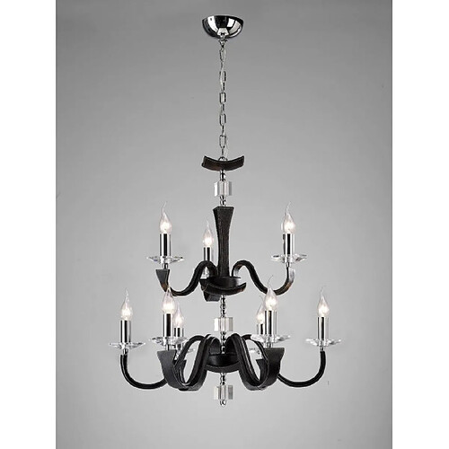 Luminaire Center Suspension Nardini 2 Tier 9 Ampoules chrome poli/Faux cuir noir/cristal