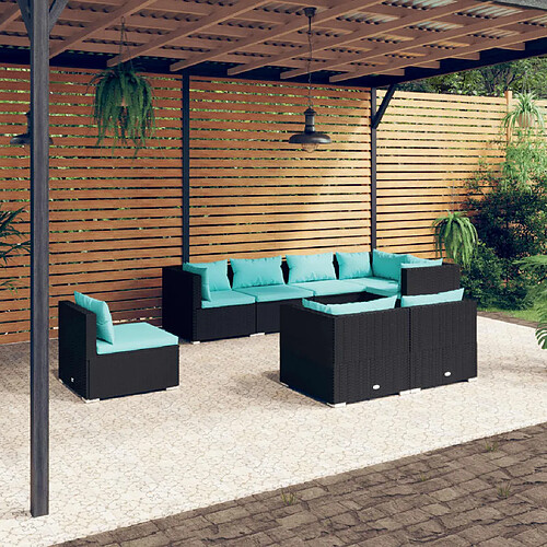 vidaXL Salon de jardin 8 pcs avec coussins Résine tressée Noir