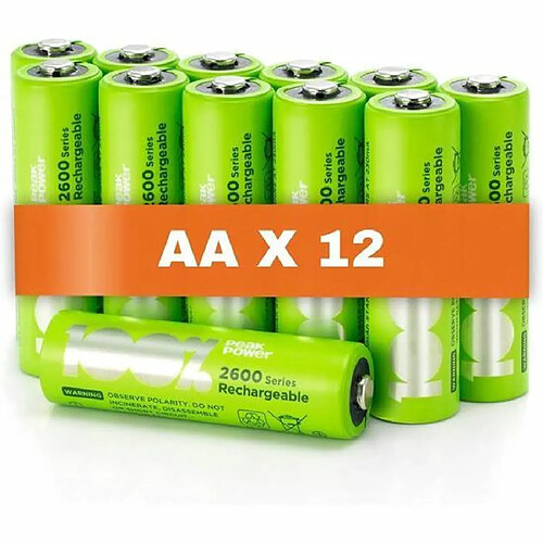 Piles Rechargeables AA - Lot de 12 Piles | 100% PEAKPOWER | Batteries AA LR6 Rechargeables 1.2v Minh 2300 mAh | Pré-Chargées