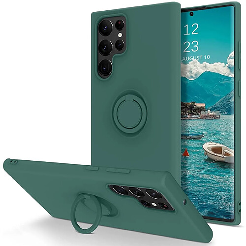 Coque en silicone + métal anti-rayures avec béquille vert noirâtre pour votre Samsung Galaxy S22 Ultra 5G