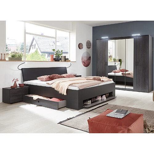 Pegane Chambre à coucher complète adulte (lit 180x200 cm King Size + 2 chevets + armoire) coloris gris foncé