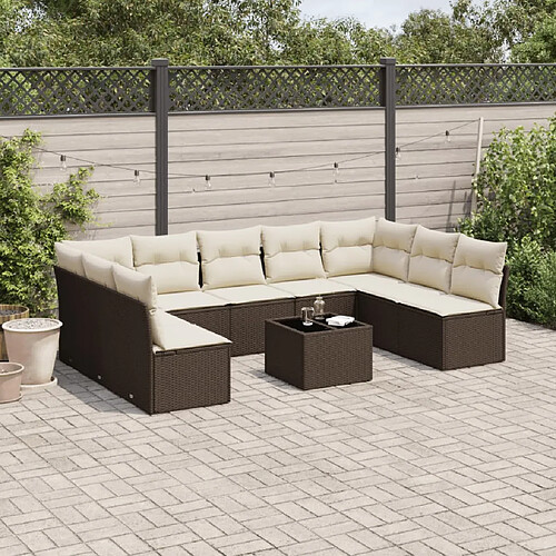 vidaXL Salon de jardin 10 pcs avec coussins marron résine tressée