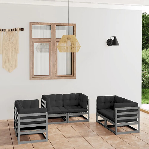 vidaXL Salon de jardin avec coussins Bois de pin Gris