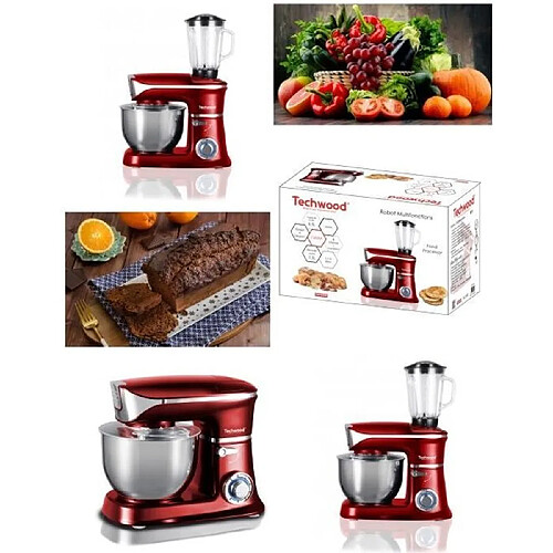 Techwood Robot PETRIN ROUGE Multifonctions Bol inox + BLENDER 6.5L 1300W Sélecteur 6 vitesses témoin LED ROUGE