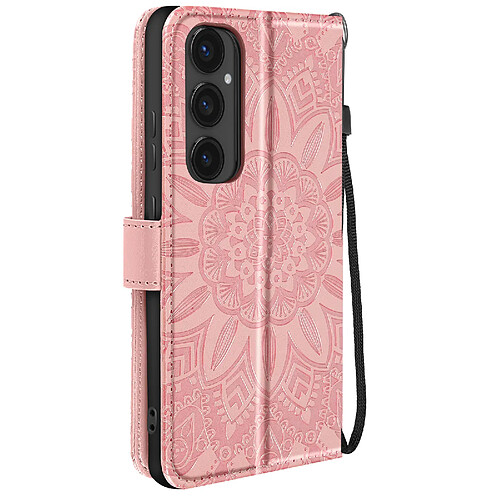 Avizar Étui Fleurs Mandala pour Samsung Galaxy S24 FE Portefeuille Dragonne Rose Poudré