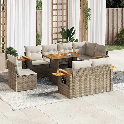 vidaXL Salon de jardin avec coussins 9 pcs beige résine tressée acacia