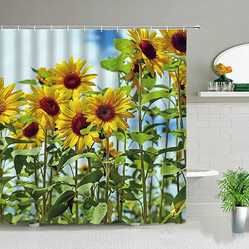 Universal Tournesol Vue végétale Rideau de douche Imprimé floral Écran de décoration de salle de bain Tissu imperméable Crochet de rideau de douche (150 * 180cm)