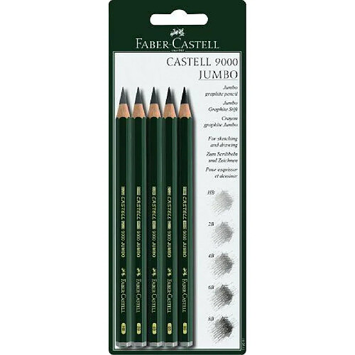 Faber-Castell 119397 Pack de 5 crayons graphite Jumbo 9000 HB, 2B, 4B, 6B, 8B