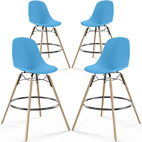 ICONIK INTERIOR Tabourets de Bar - Design Scandinave - Pieds en Bois - Lot de 4 - Skögur Bleu