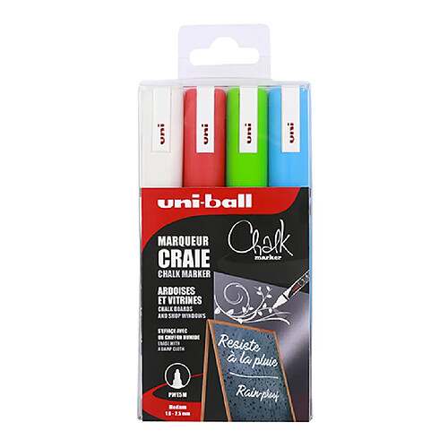 Uniball Marqueur craie liquide Uni-Ball Chalk pointe ogive moyenne 1,8 à 2,5 mm- pochette de 4 assortis coloris classique