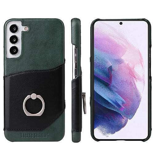 Coque en TPU + cuir véritable FIERRE SHANN avec béquille en anneau et porte-carte vert pour votre Samsung Galaxy S22 Plus 5G