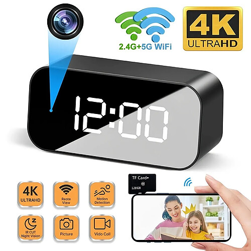 HD4K Mini caméra d'horloge de Wifi, 4K HD de surveillance de sécurité à domicile résistant à 2.4 G et de vision nocturne + Carte micro TF 128 GB