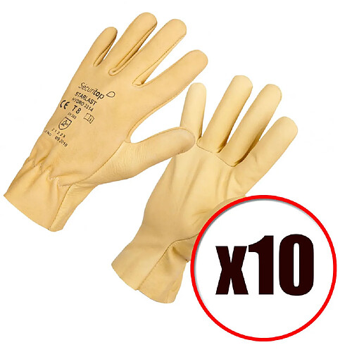 Lot de 10 paires de gants de travail hydrofuge cuir bovin Starlast EN388 EN420