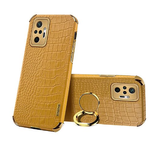 Coque en TPU + PU Découpe précise de texture de crocodile de conception de galvanoplastie avec le support d'anneau jaune pour votre Xiaomi Redmi Note 10 Pro