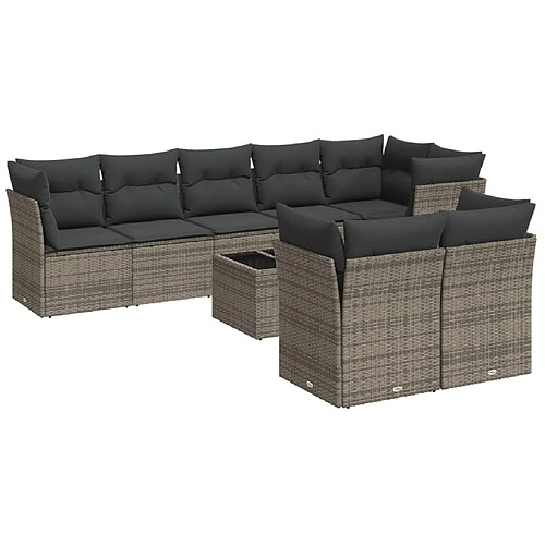 Maison Chic Salon de jardin 9 pcs avec coussins | Ensemble de Table et chaises | Mobilier d'Extérieur gris résine tressée -GKD39516